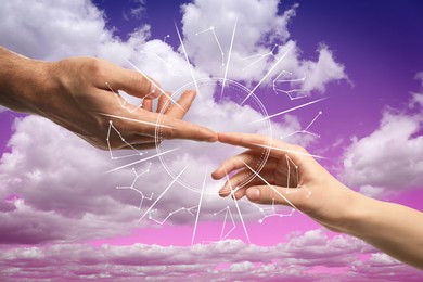 Relationships and horoscope. Zodiac wheel and photo of man and woman holding hands against bright sky, closeup