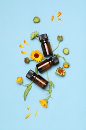 Bottles of essential oils and beautiful calendula flowers on light blue background, flat lay