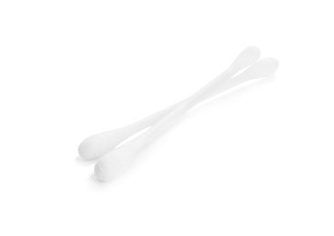 Photo of Plastic cotton swabs on white background. Hygienic accessory