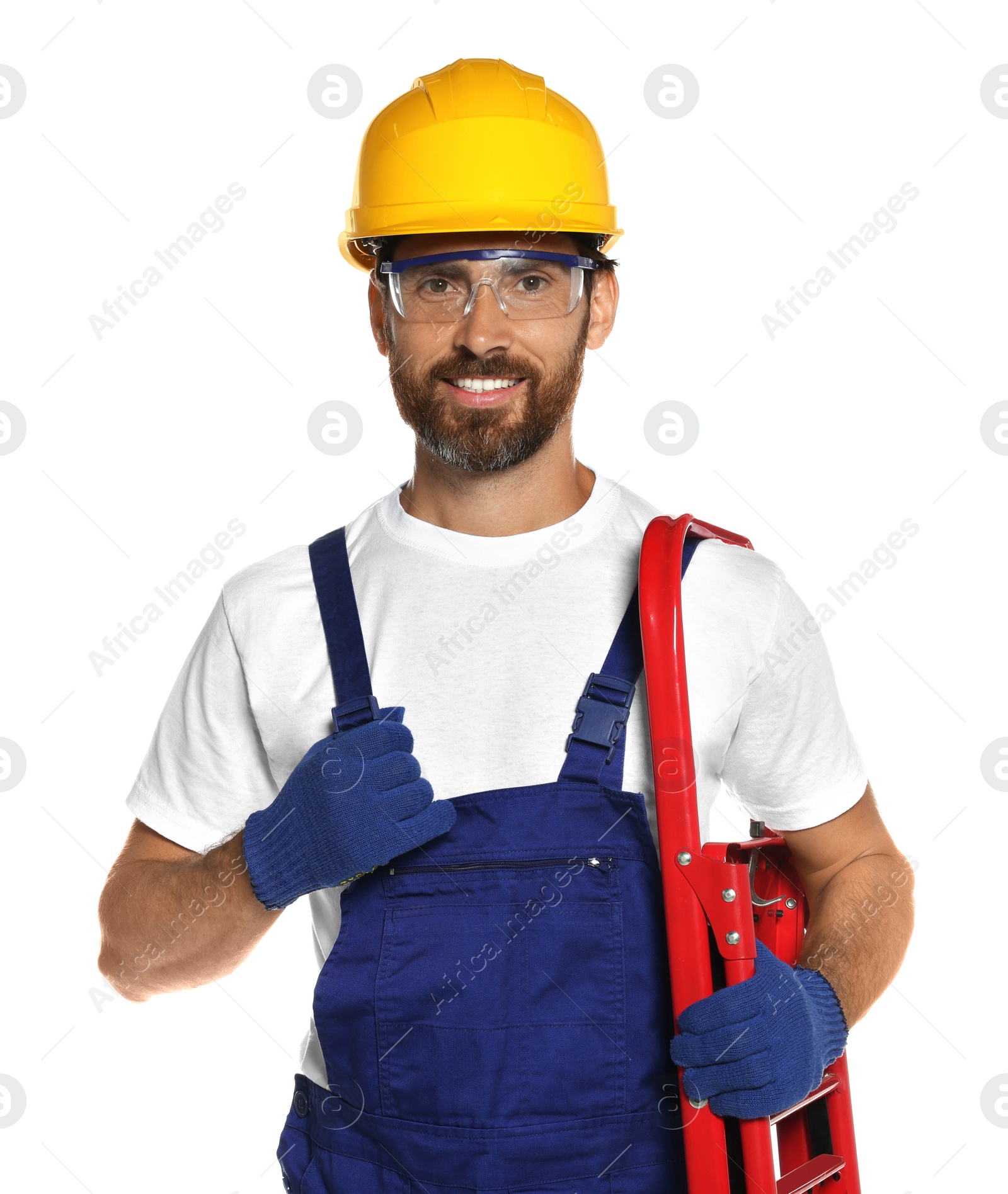 Photo of Professional builder in uniform with step ladder isolated on white