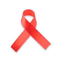 Photo of Red awareness ribbon isolated on white, top view