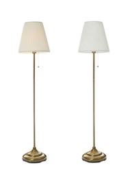 Stylish floor lamps on white background, collage