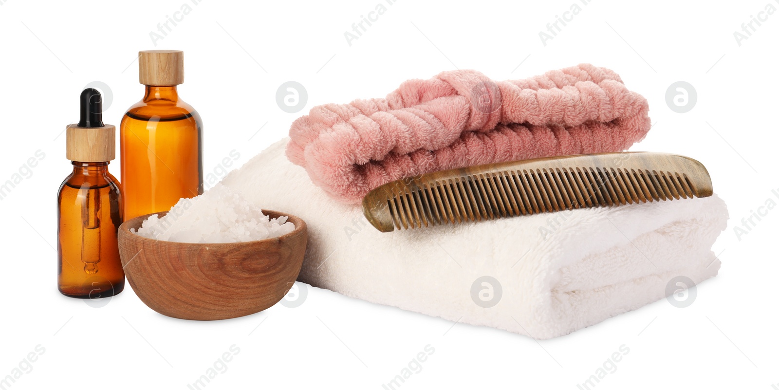 Photo of Beautiful spa composition with different care products on white background