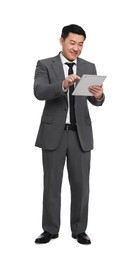 Photo of Businessman in suit using tablet on white background