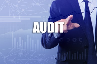 Image of Audit concept. Businessman pointing at graph on light blue background, closeup