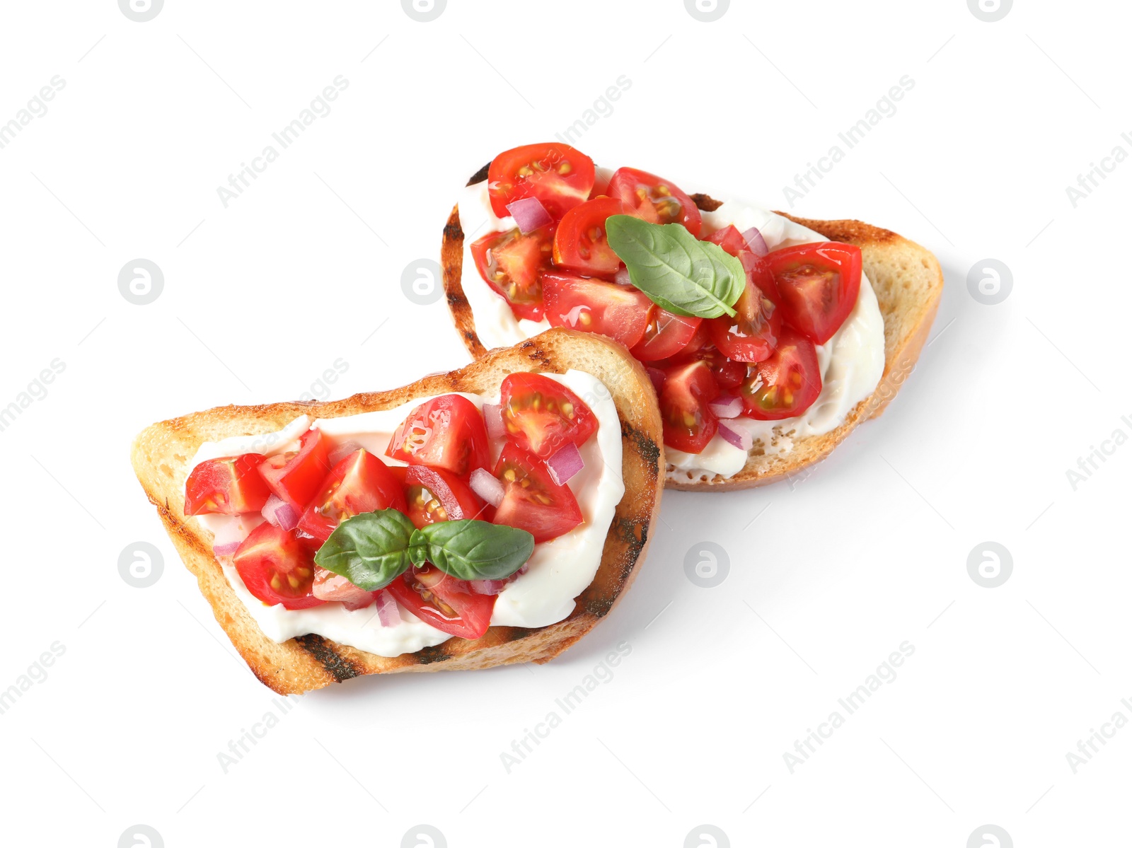 Photo of Tasty bruschettas with tomatoes on white background, top view