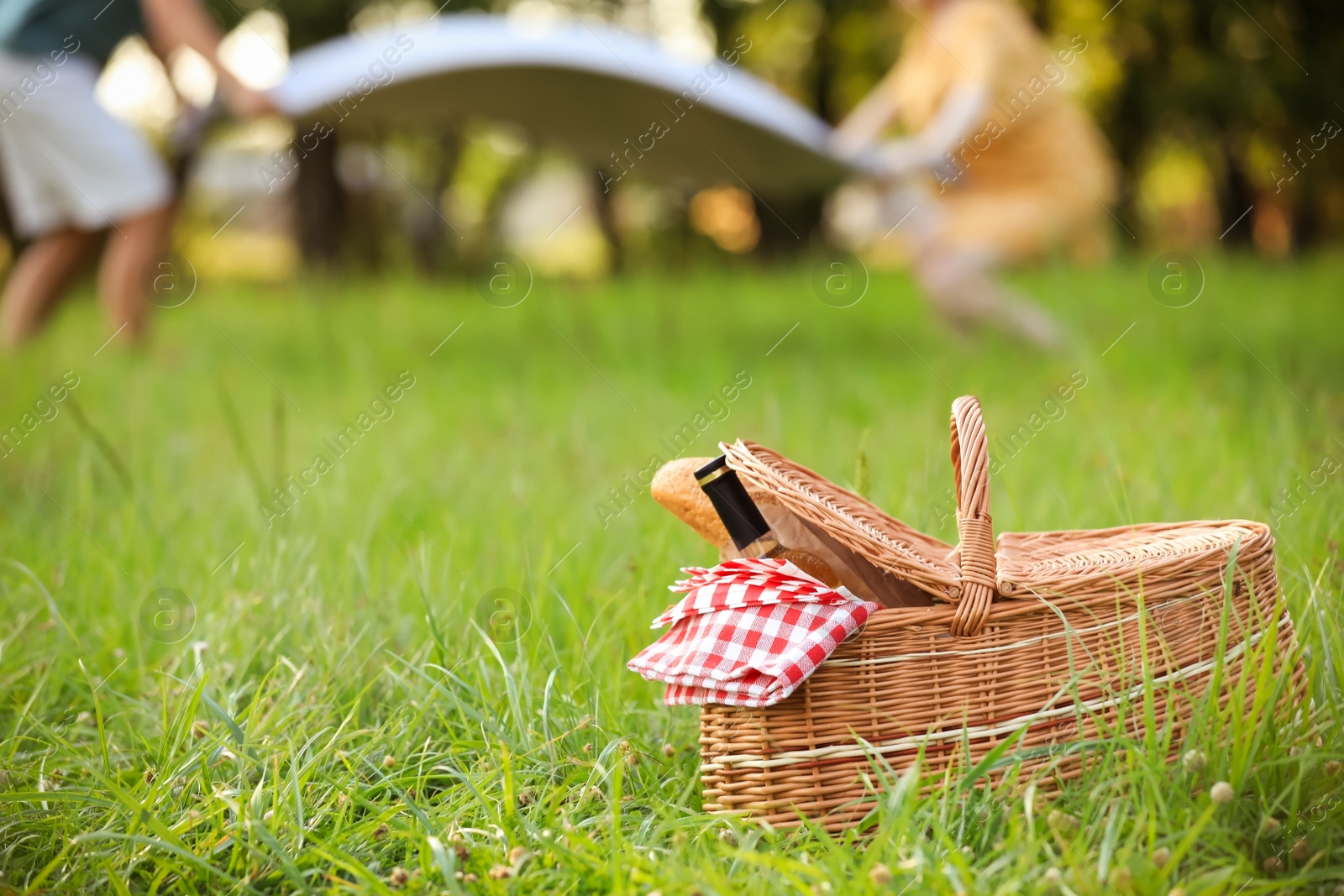 Photo of Wicker picnic basket with bottle of wine and bread on green grass