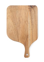 Photo of One wooden cutting board on white background, top view
