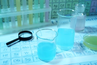 Photo of Beakers with liquid, different laboratory glassware and magnifying glass on periodic table of chemical elements. Light blue tone effect
