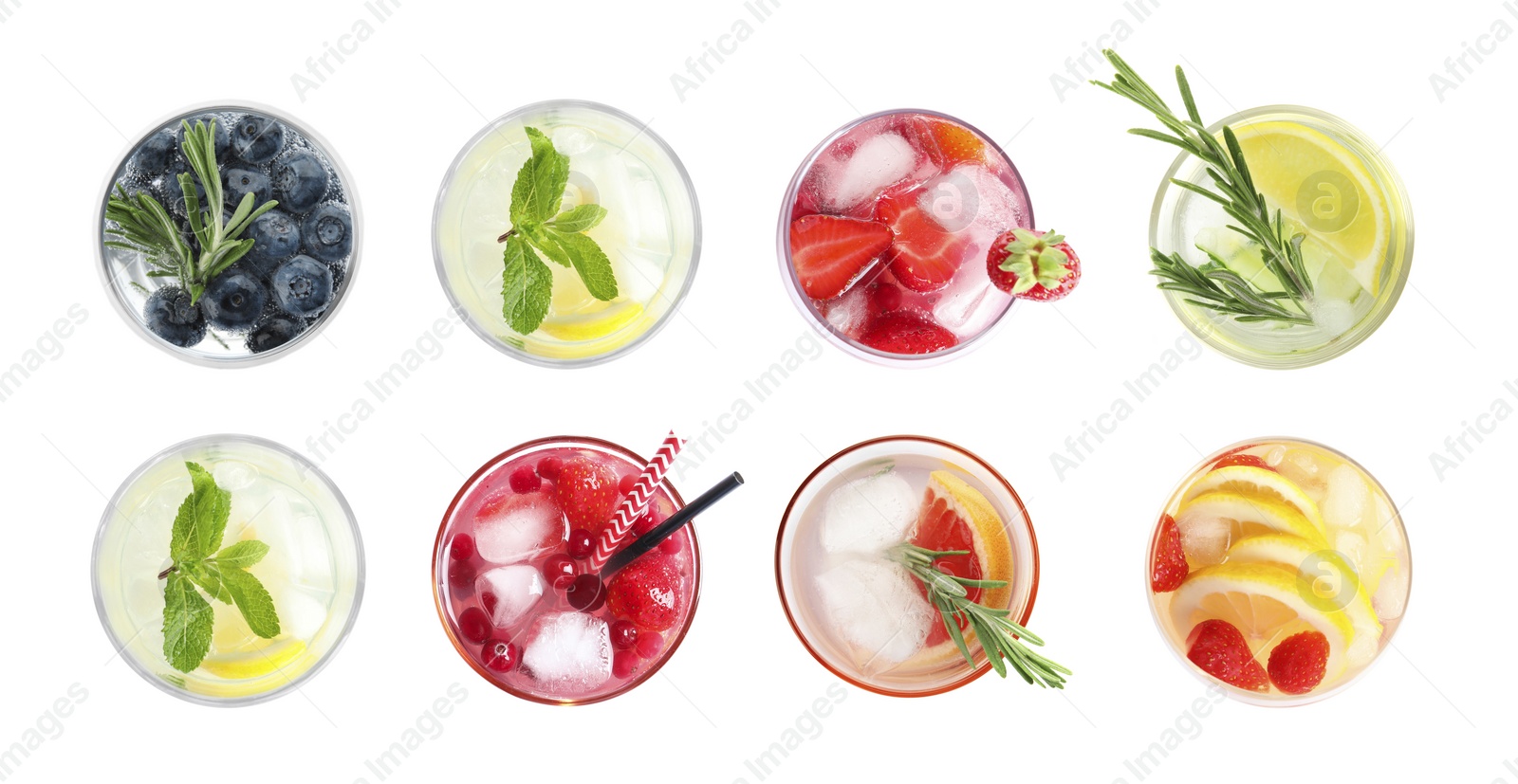 Image of Set with different refreshing cocktails on white background, top view. Banner design
