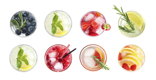 Image of Set with different refreshing cocktails on white background, top view. Banner design