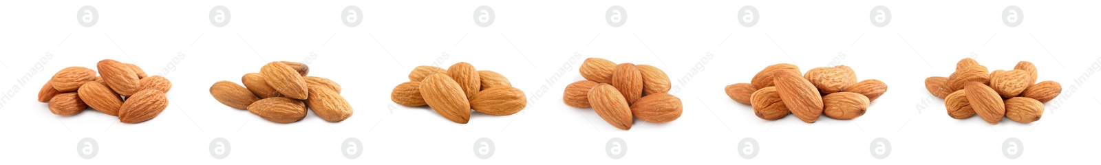 Image of Set with tasty almond nuts on white background. Banner design