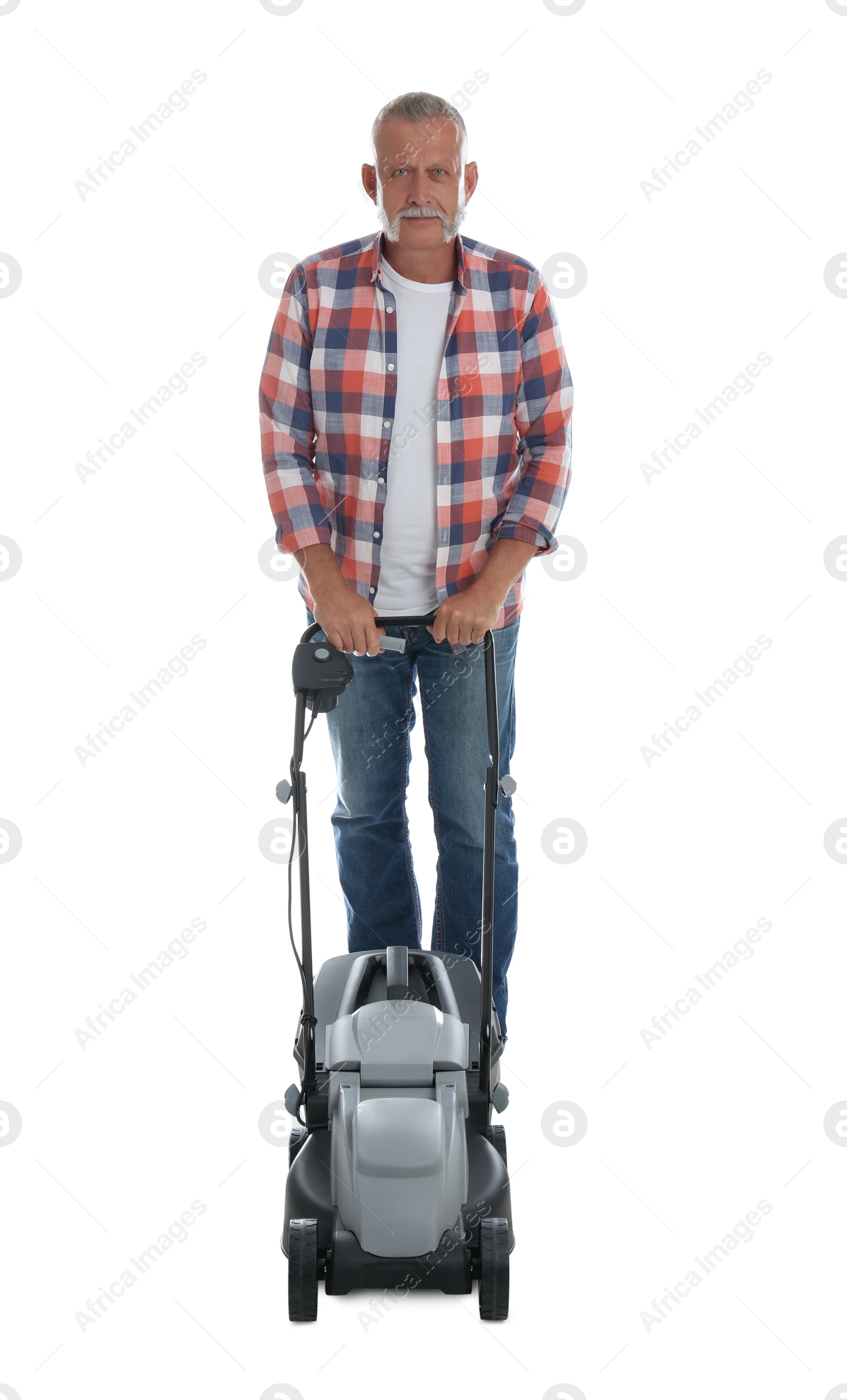 Photo of Senior man with modern lawn mower on white background