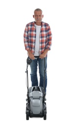 Photo of Senior man with modern lawn mower on white background