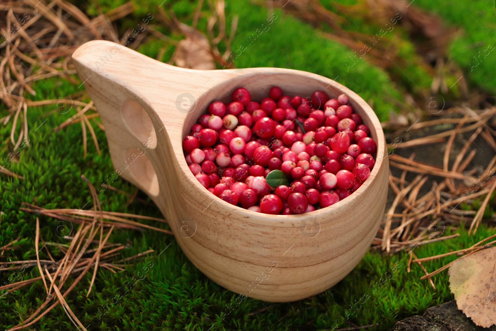 Photo of Cup with tasty ripe lingonberries on grass outdoors, closeup