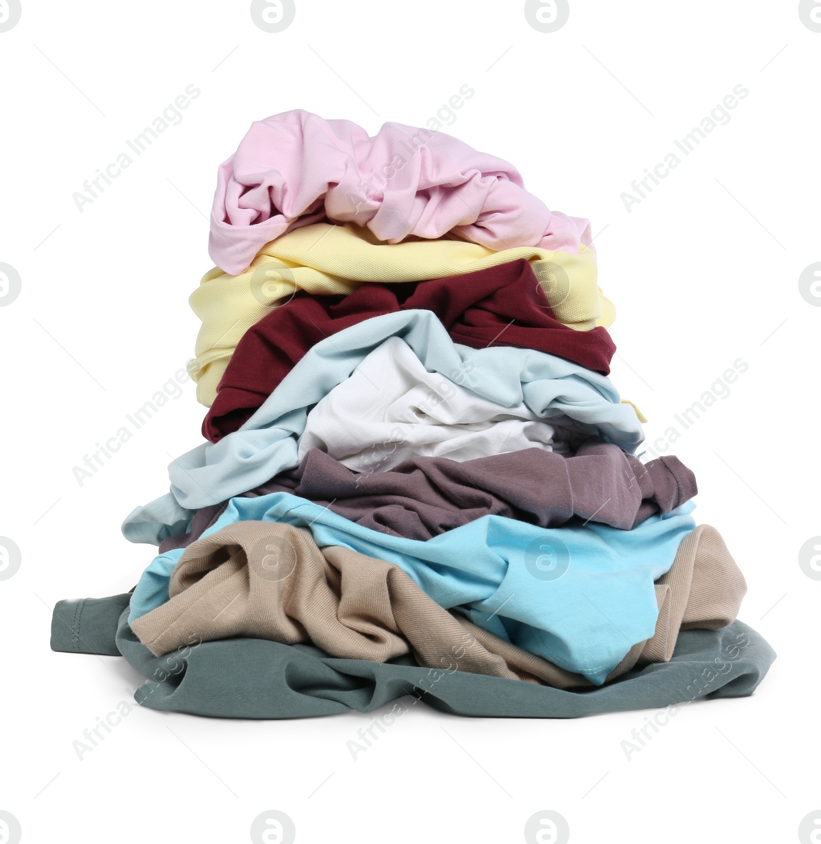 Photo of Pile of colorful clothes isolated on white