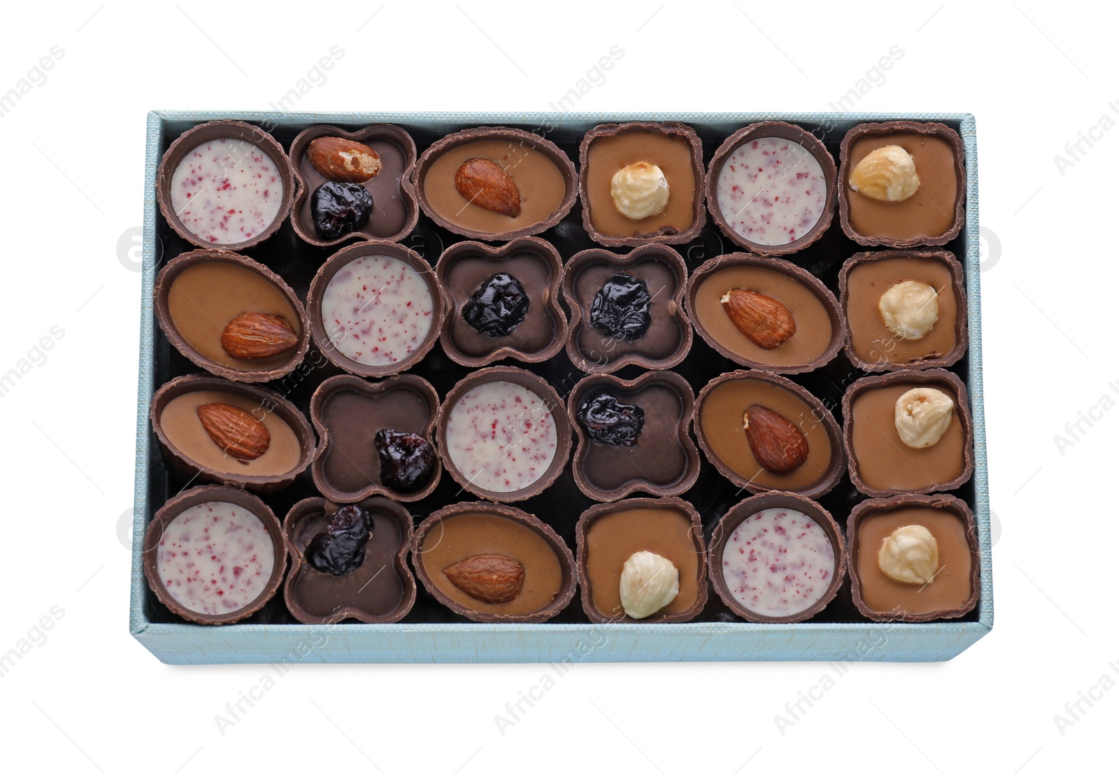 Photo of Box of delicious chocolate candies isolated on white, top view