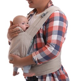 Photo of Father holding his child in baby carrier on white background, closeup