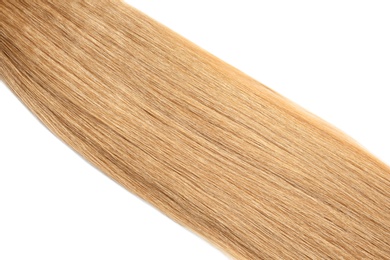 Photo of Strand of healthy blond hair on white background