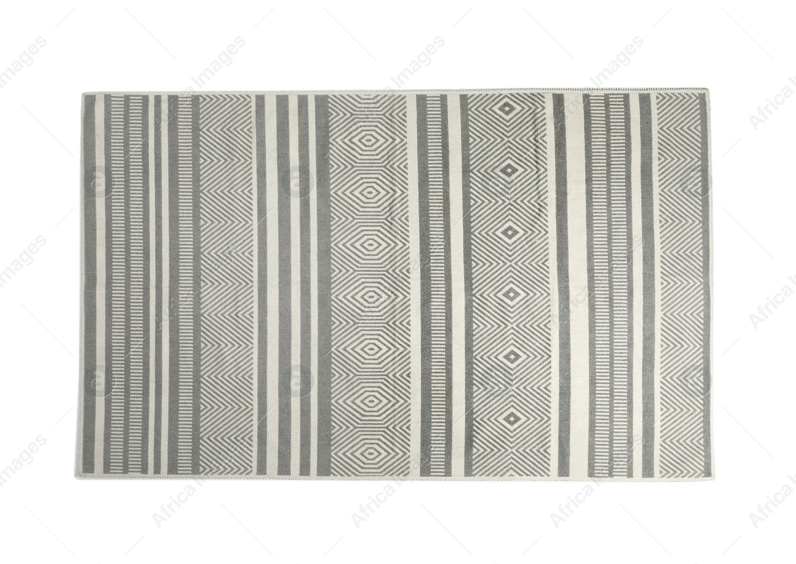 Photo of Soft carpet with geometric pattern isolated on white, top view