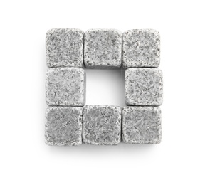 Photo of Whiskey stones on white background, top view