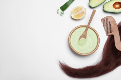 Photo of Flat lay composition with homemade hair mask and ingredients on white background. Space for text
