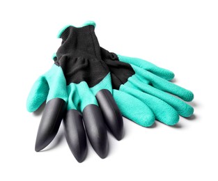Photo of Pair of gardening gloves on white background