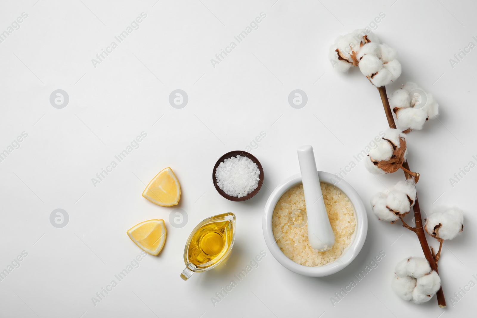 Photo of Homemade effective acne remedy and ingredients on white background