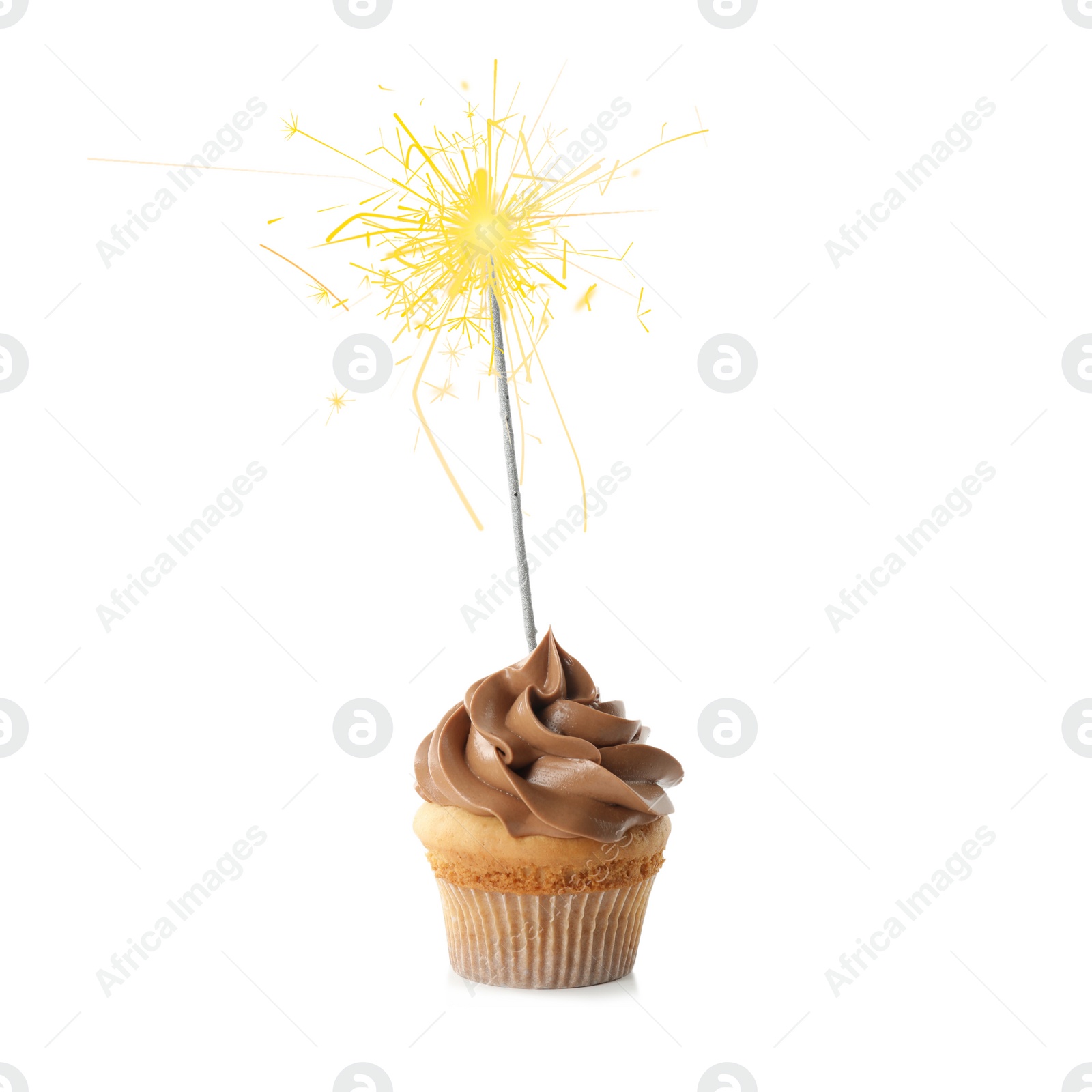 Image of Birthday cupcake with sparkler on white background