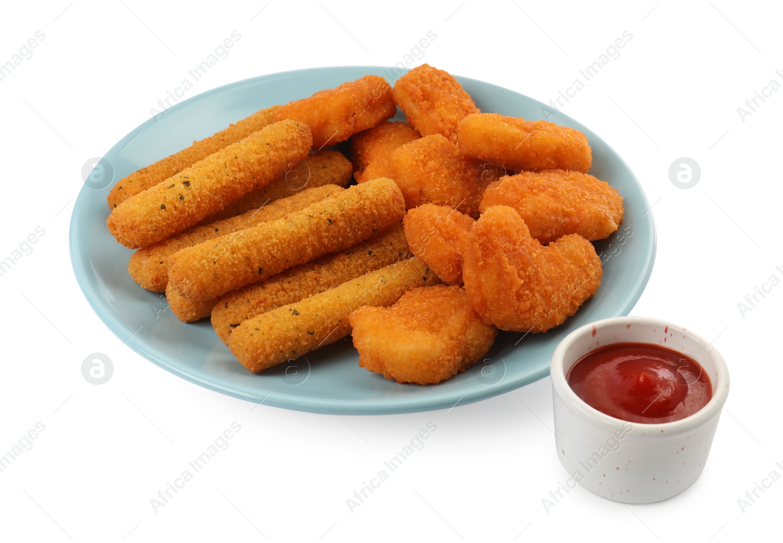 Photo of Tasty chicken nuggets, cheese sticks and ketchup on white background