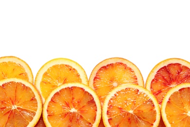 Photo of Juicy blood orange slices on white background, top view. Citrus fruit