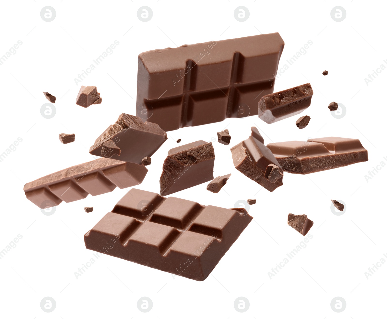 Image of Milk chocolate pieces falling on white background