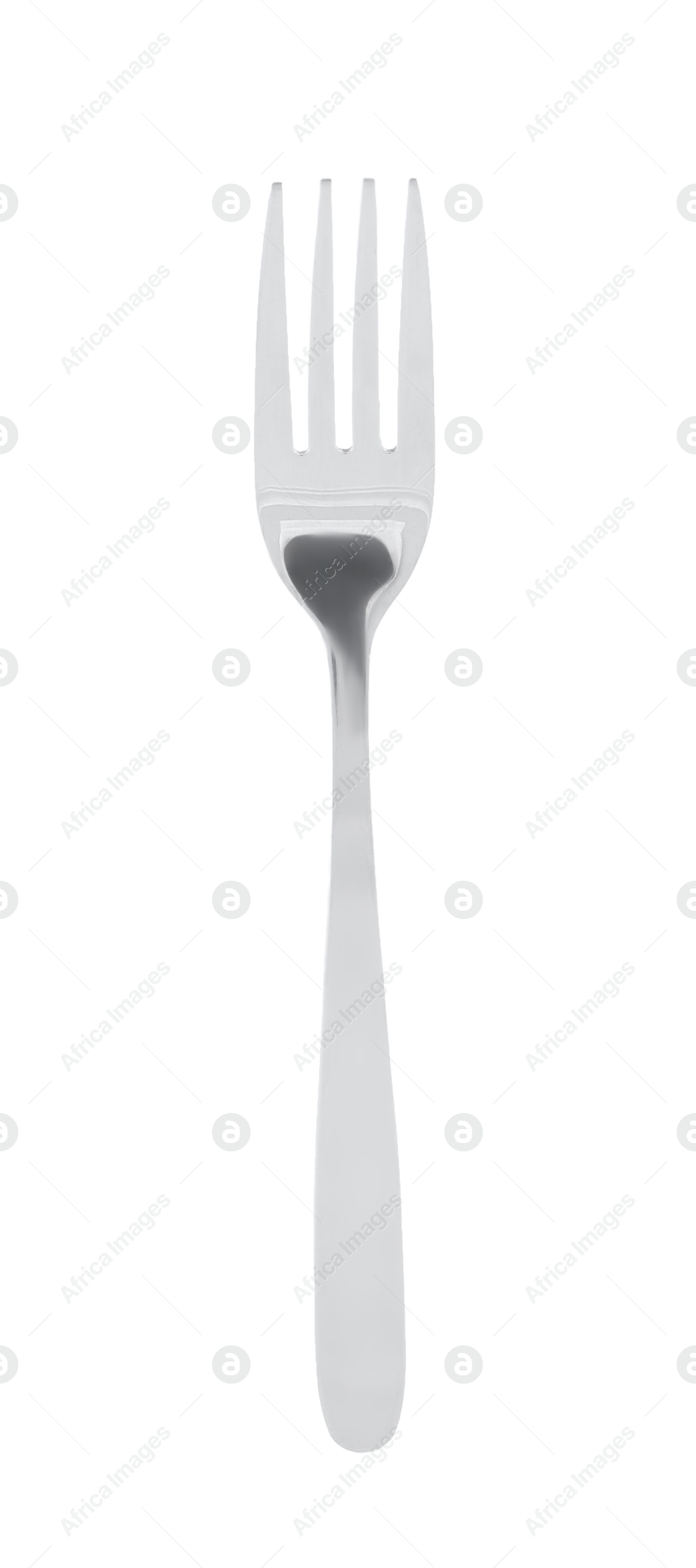 Photo of Clean shiny metal fork isolated on white, top view
