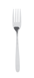 Photo of Clean shiny metal fork isolated on white, top view