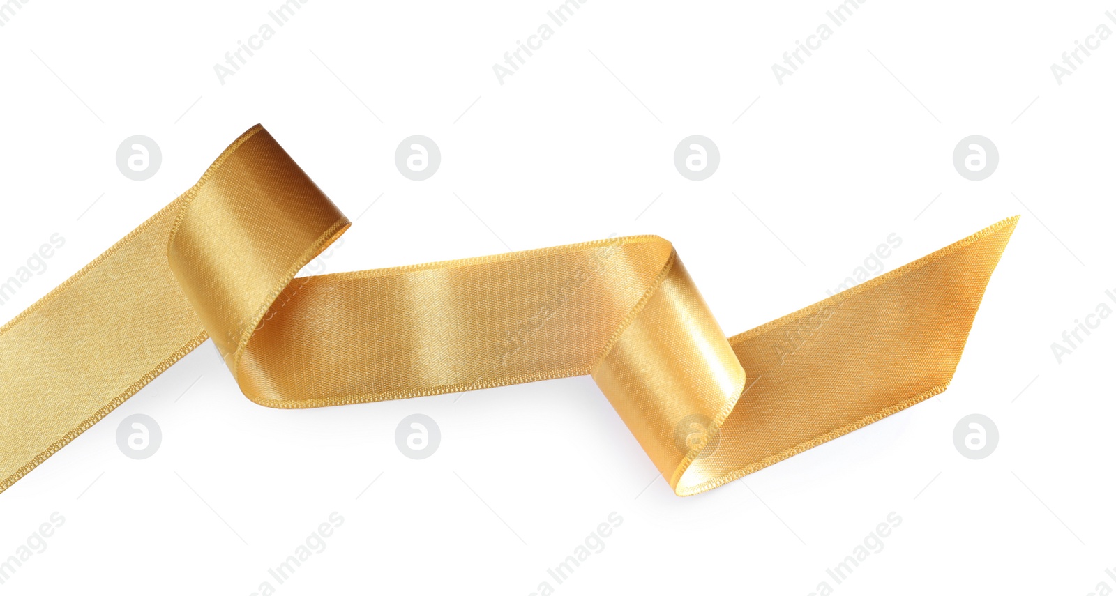 Photo of Beautiful golden ribbon isolated on white, top view