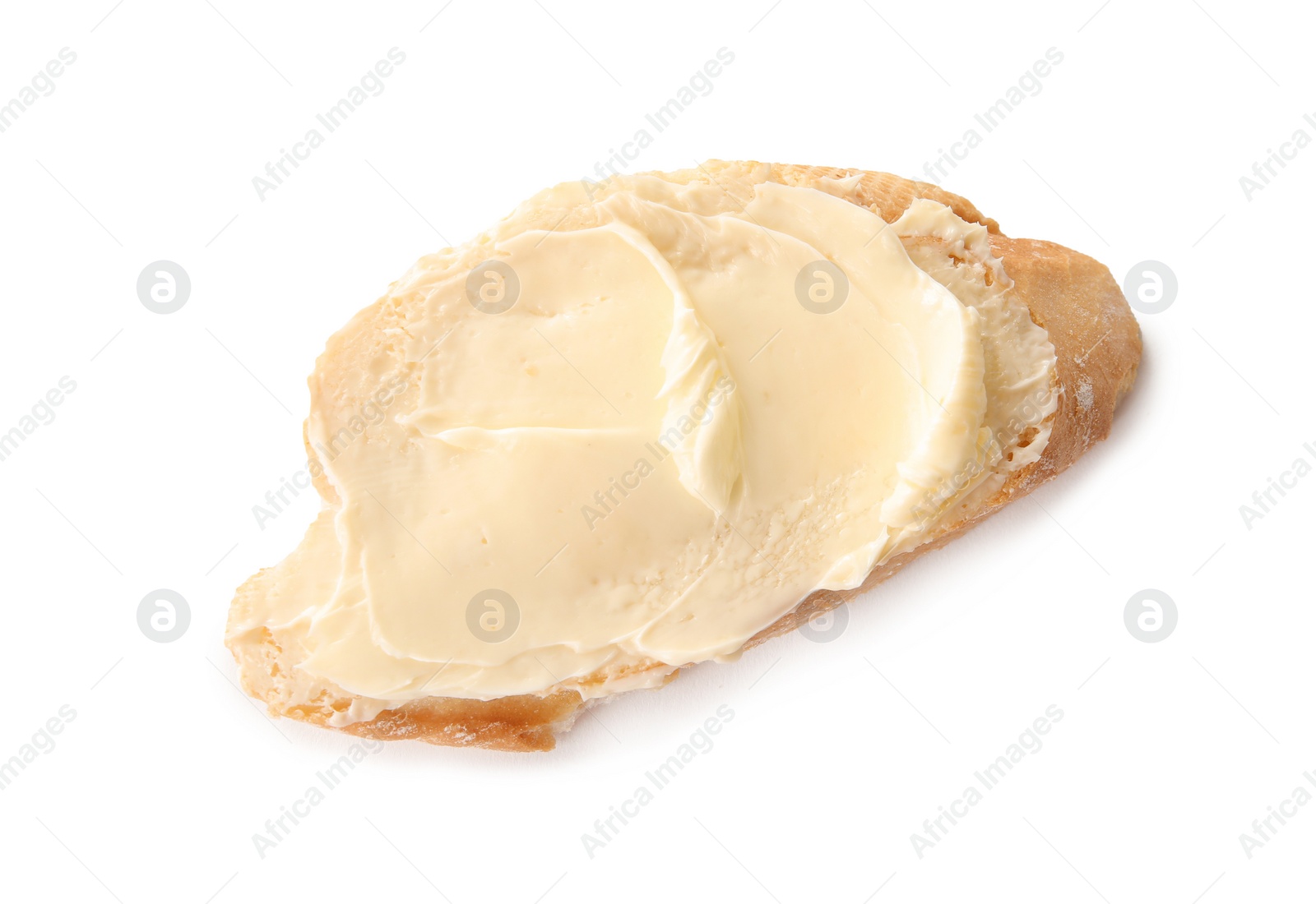 Photo of Fresh bread with butter on white background, top view