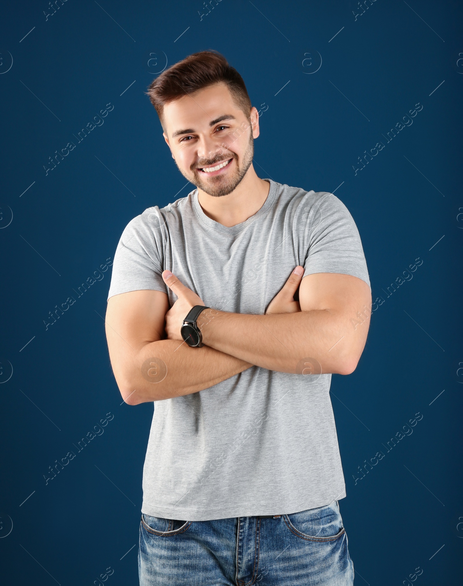 Photo of Portrait of handsome man on color background