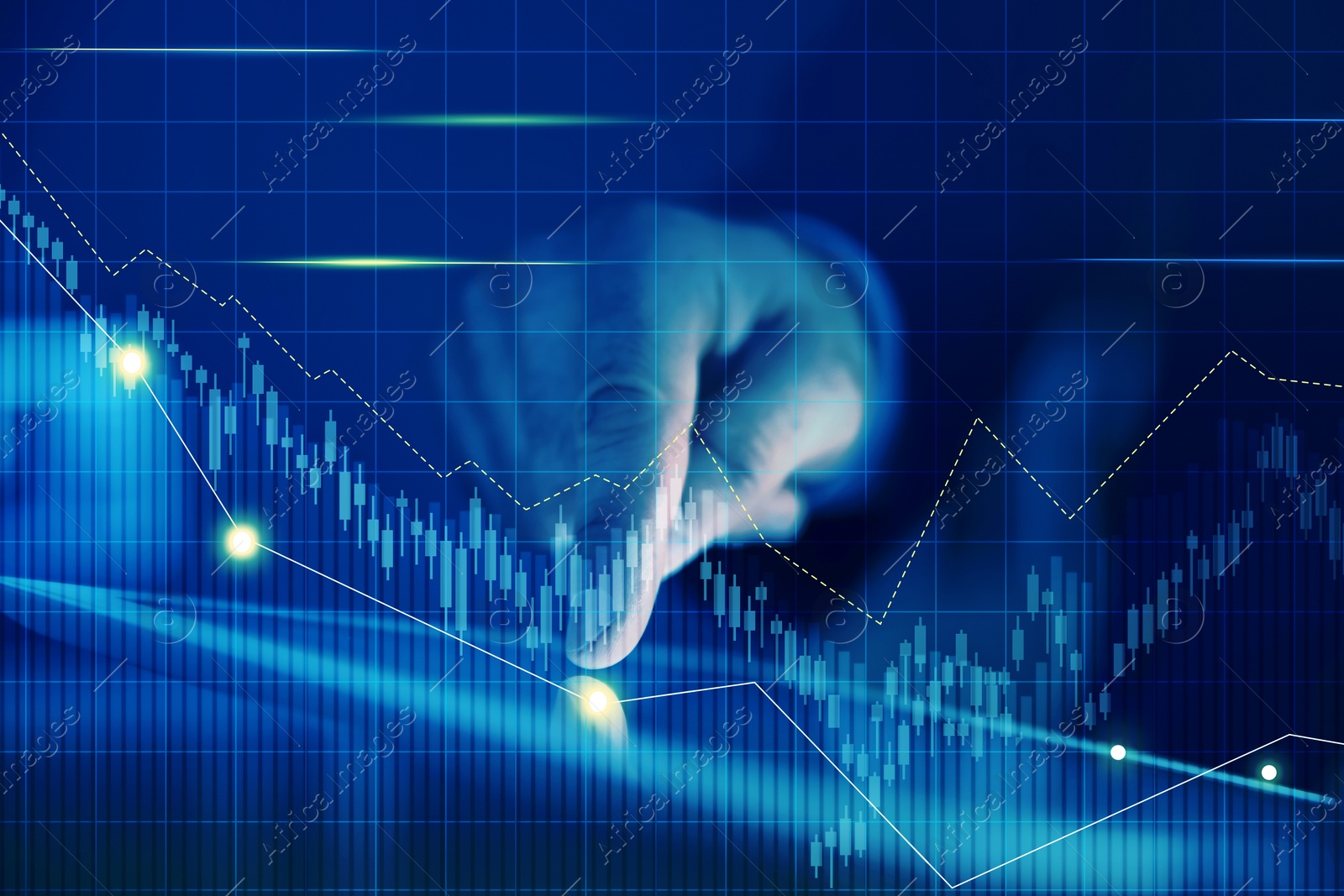 Image of Growth graph illustration and businessman using tablet, closeup. Investment concept