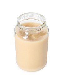 Photo of Baby food. Tasty healthy puree in jar isolated on white