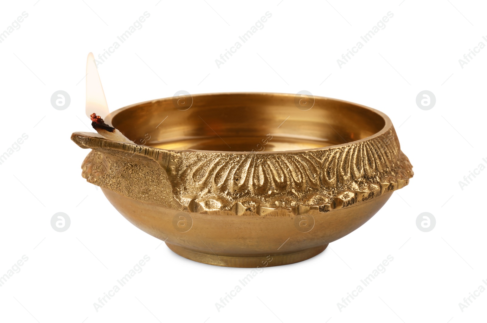 Photo of Lit diya lamp isolated on white. Diwali celebration