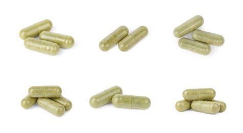 Image of Collage of vitamin pills isolated on white