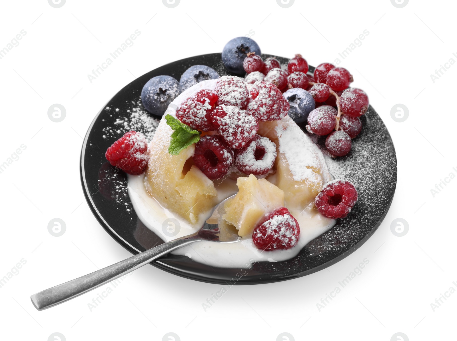 Photo of Delicious vanilla fondant with fresh berries isolated on white