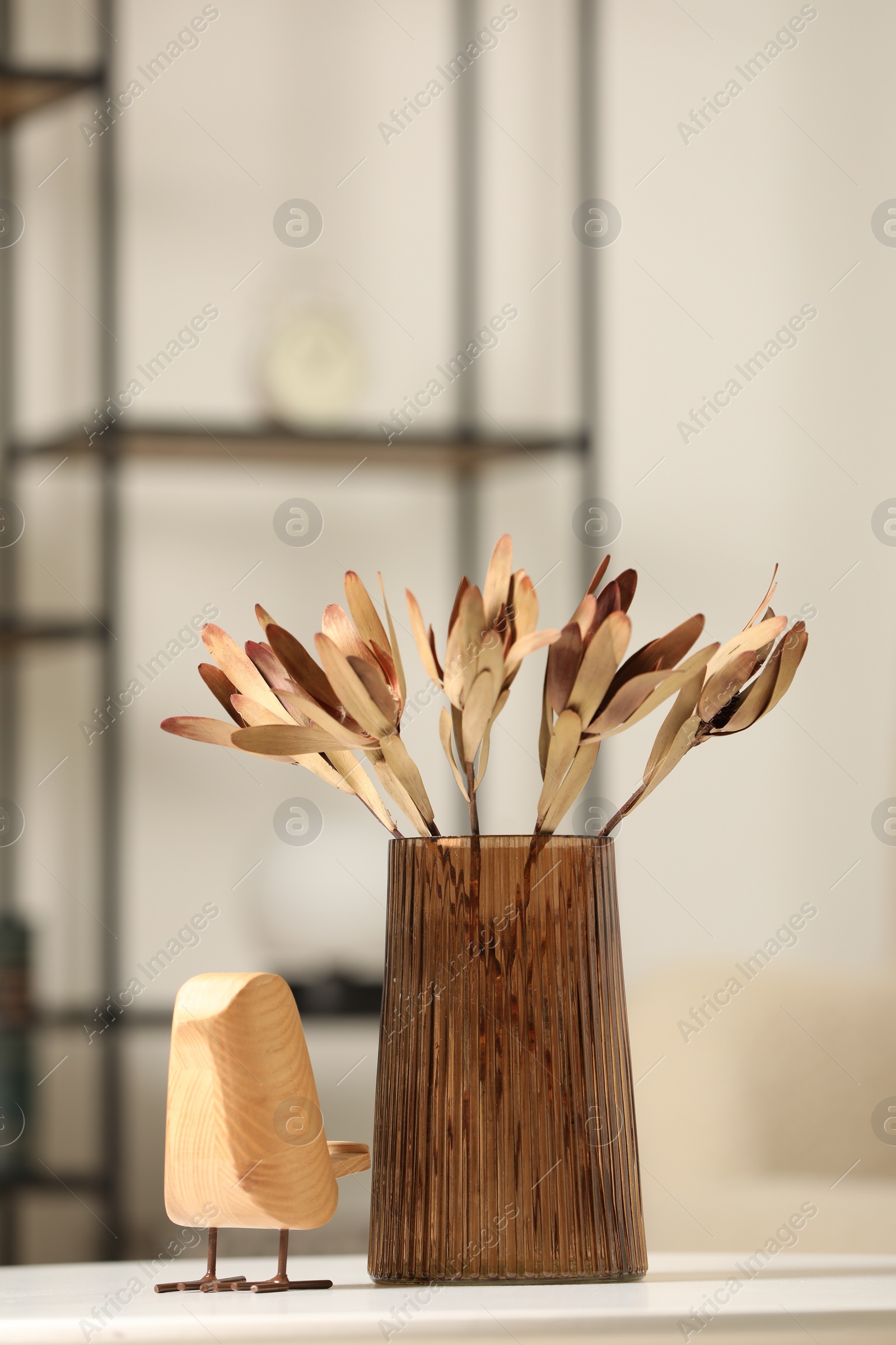 Photo of Vase with beautiful dried leucadendron plants and wooden bird on white table in room, space for text