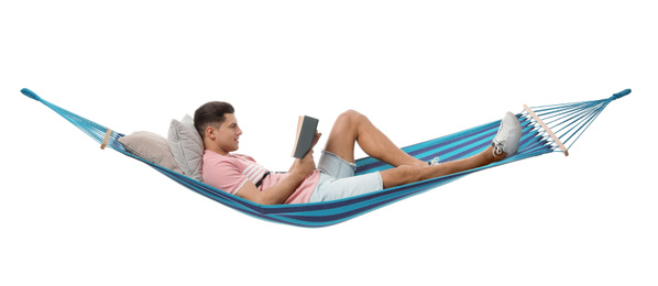 Photo of Man reading book in hammock on white background