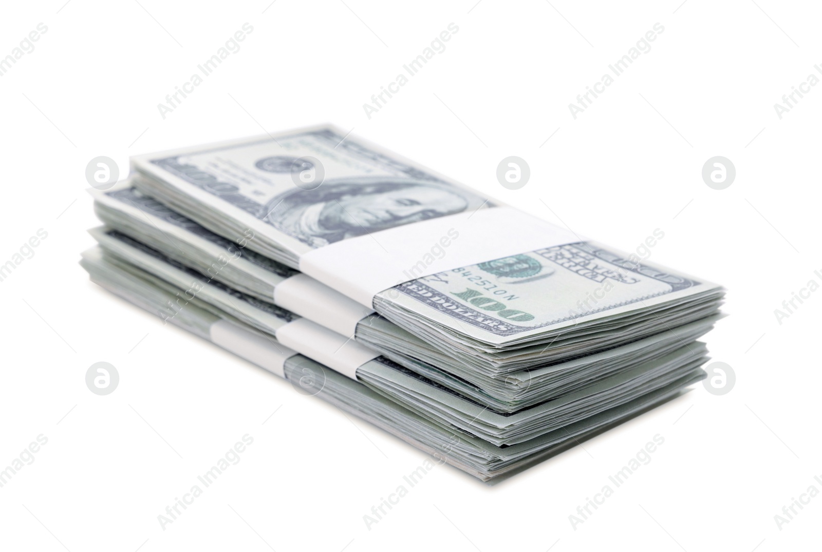 Photo of Bundles of dollar banknotes isolated on white. American national currency