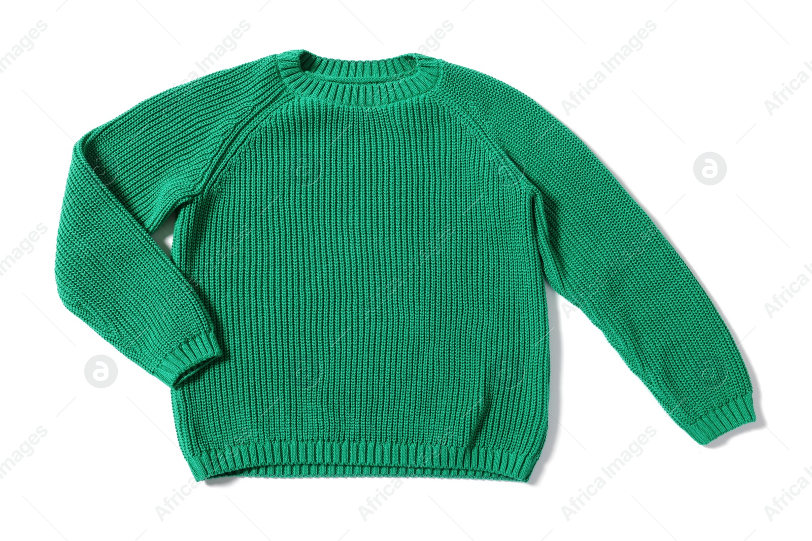 Photo of Stylish green knitted sweater isolated on white, top view