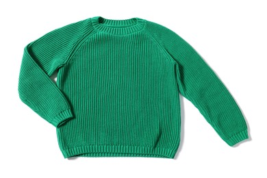 Photo of Stylish green knitted sweater isolated on white, top view