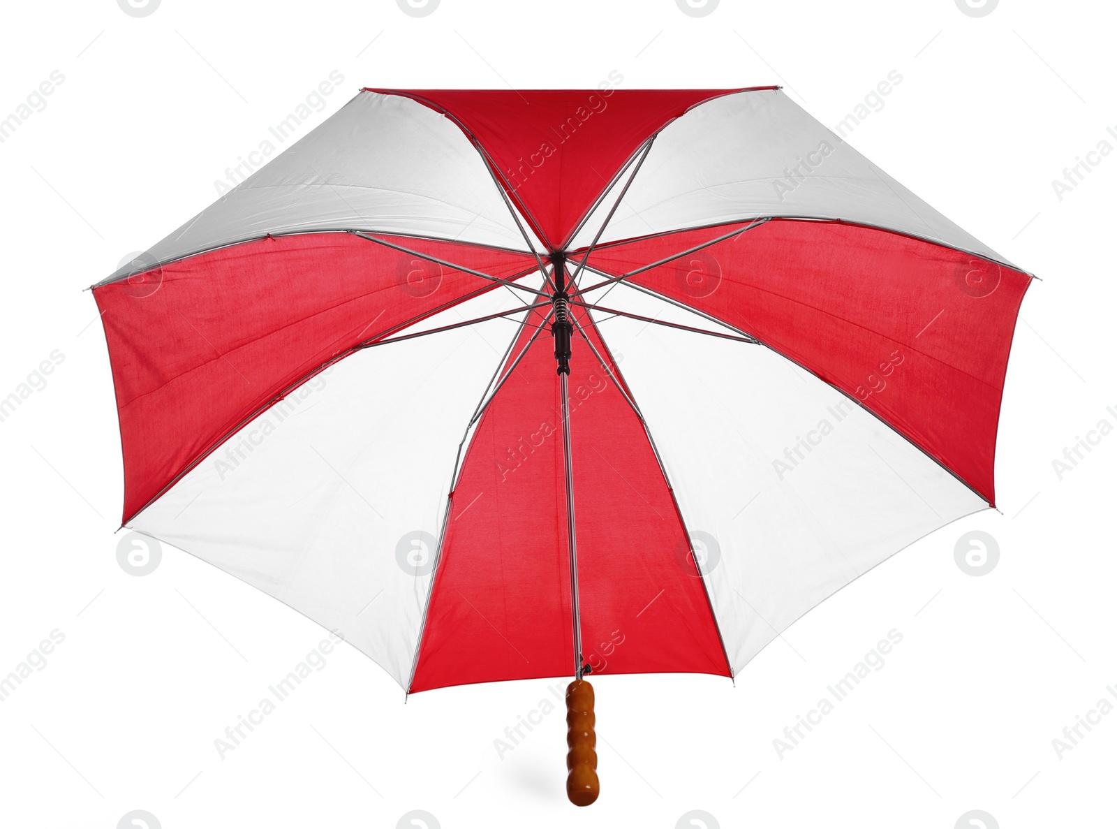 Photo of One open colorful umbrella isolated on white