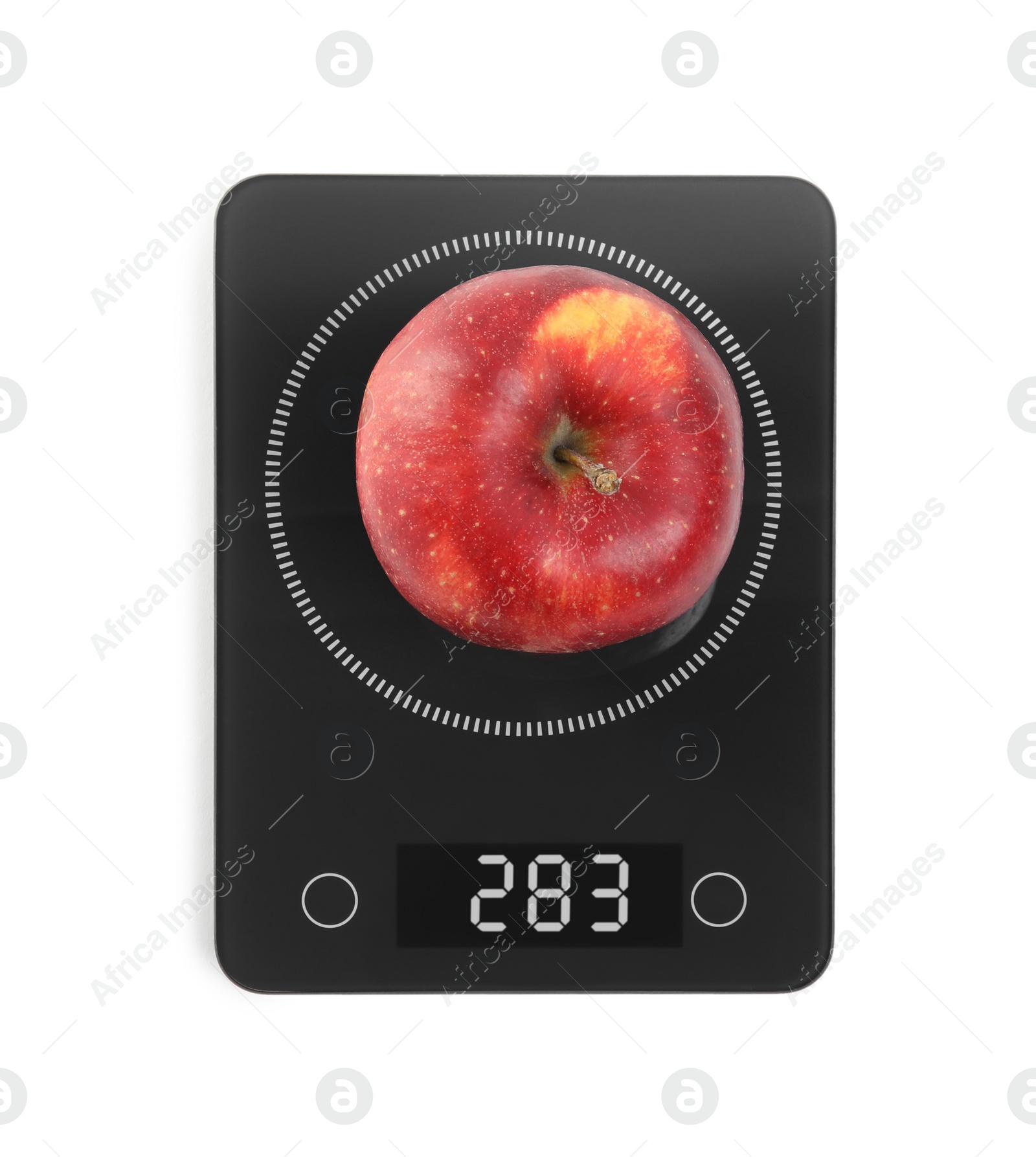 Photo of Ripe red apple and electronic scales on white background, top view