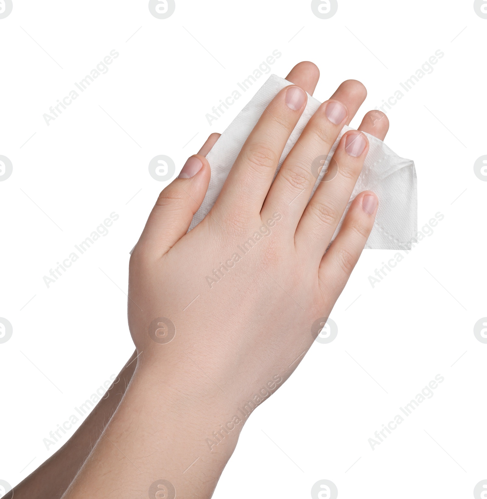 Photo of Woman wiping hands with paper towel on white background, closeup